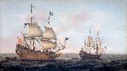 Jacob Gerritz. Loeff, Monogrammist JGL French man-of-war escorted by a Dutch ship in quiet water Spain oil painting artist